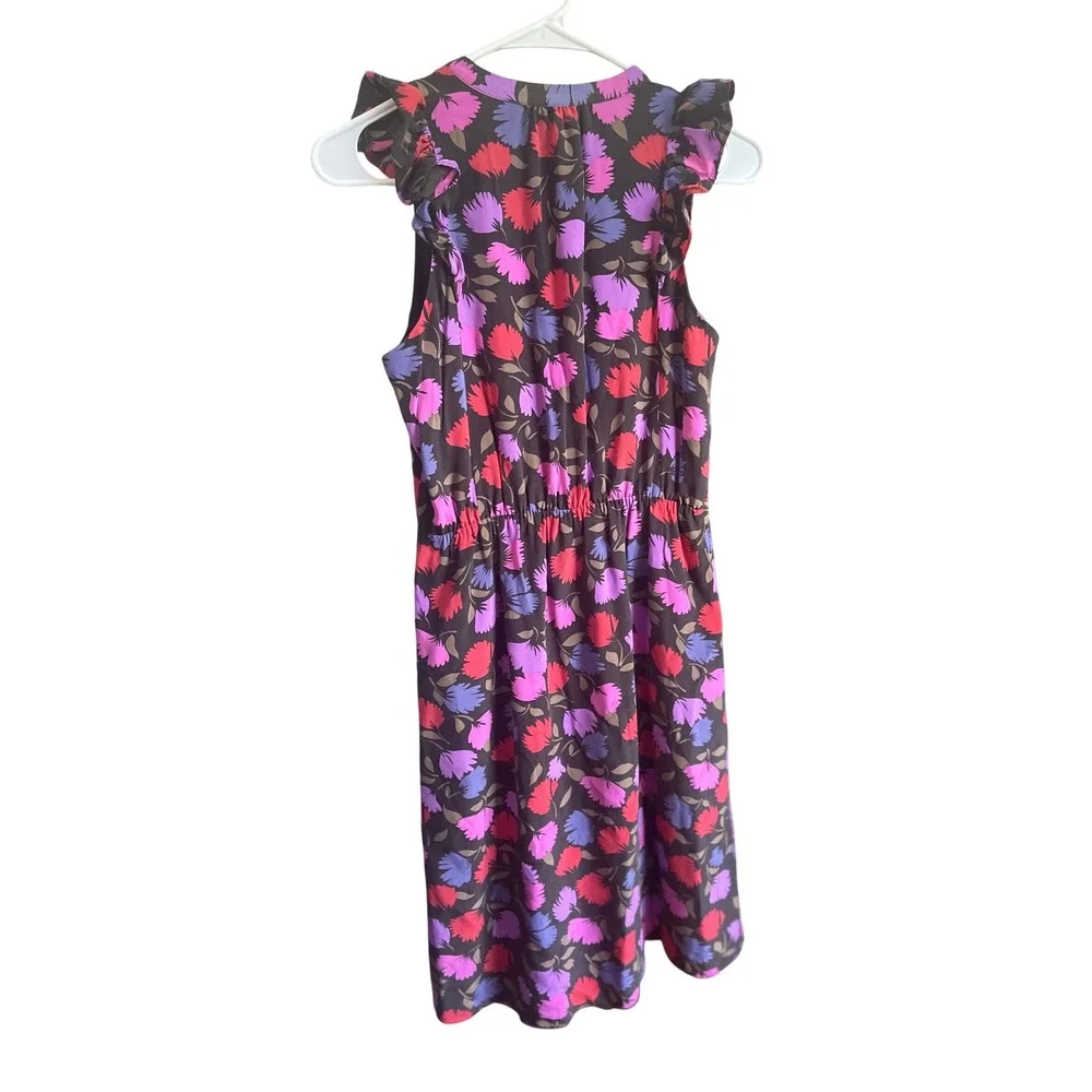 J.Crew Vibrant Floral Flutter Sleeve Black Silk Button Front‎ MIDI Dress  2